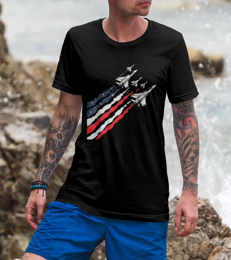 Vintage Patriotic Fighter Jet Airplane With American Flag Trail T-Shirt