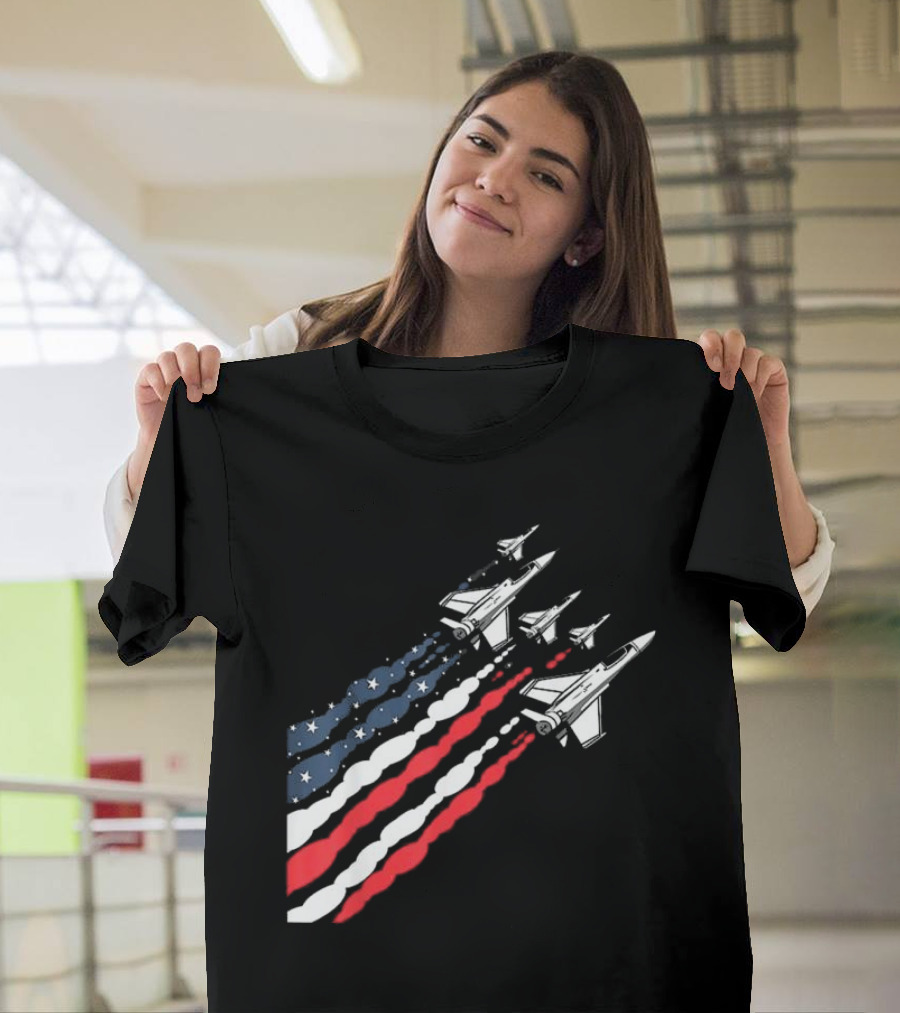 Vintage Patriotic Fighter Jet Airplane with American Flag Trail T-Shirt