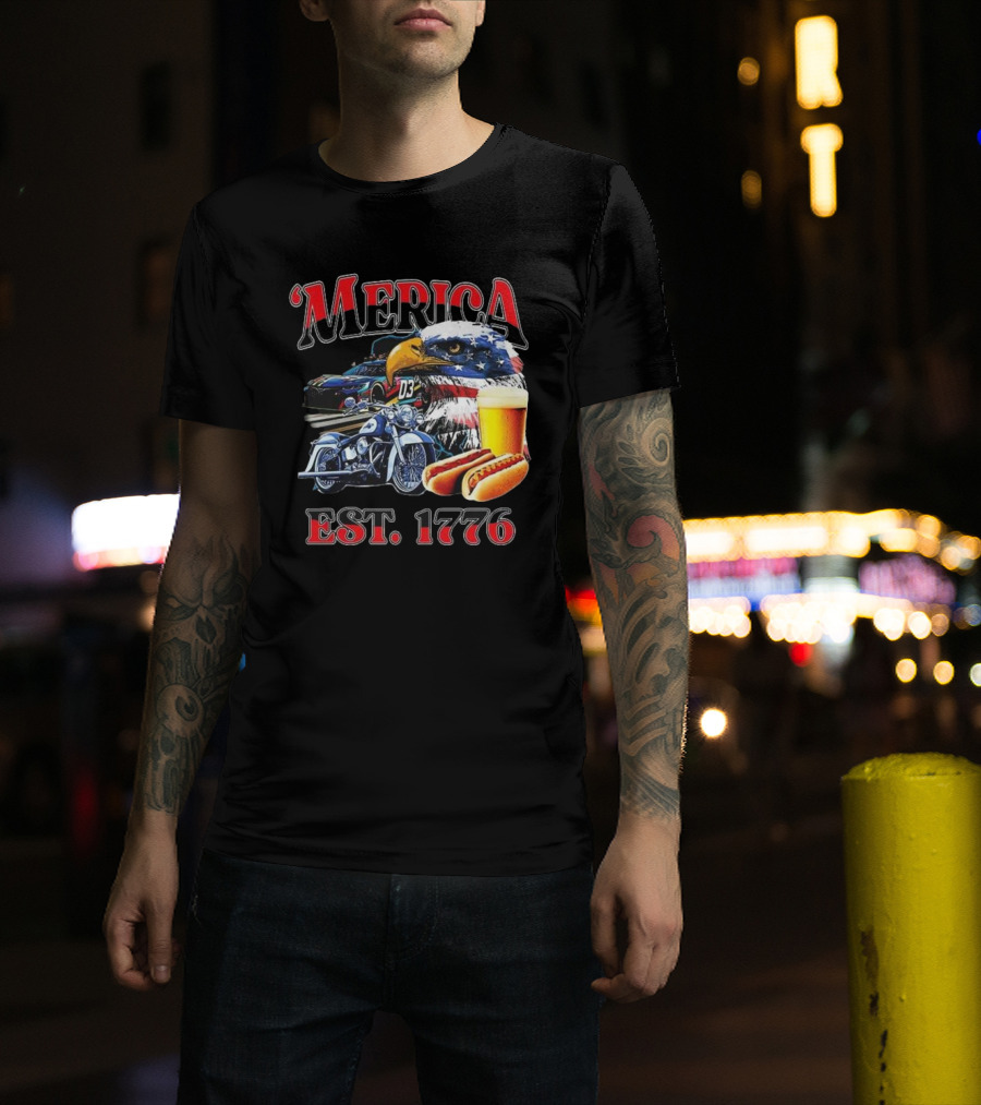 'Merica Bald Eagle Motorbike Beer Hotdogs Cars Est. 1776 T-Shirt