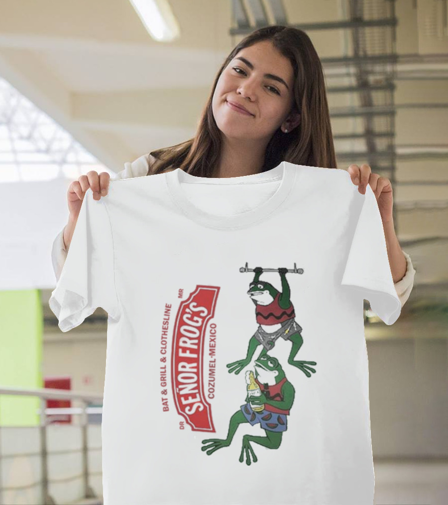 Senor Frog's Cozumel Mexico Bar and Grill Clothesline with Frogs in Striped Shirts and Shorts with Beer and Weights T-Shirt