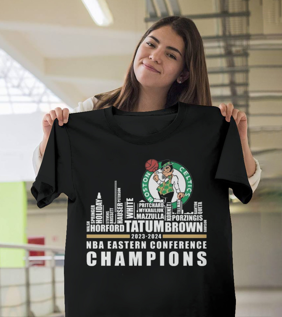 Boston Celtics 2023-2024 NBA Eastern Conference Champions Tatum Brown Skyline Montage T-Shirt
