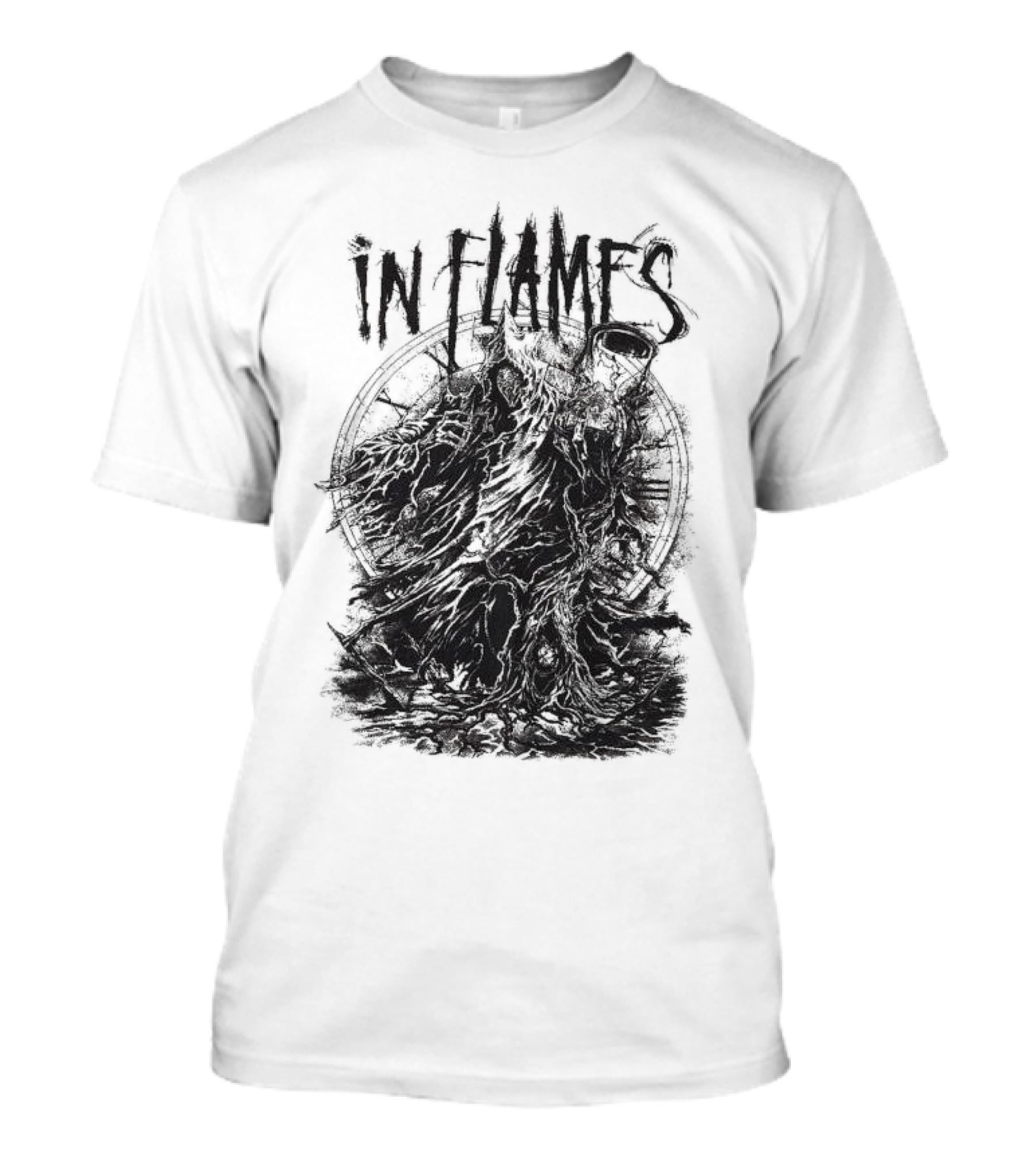 In Flames Cloaked Ghoul Dark Shrouded Figure With Clock Background T-Shirt