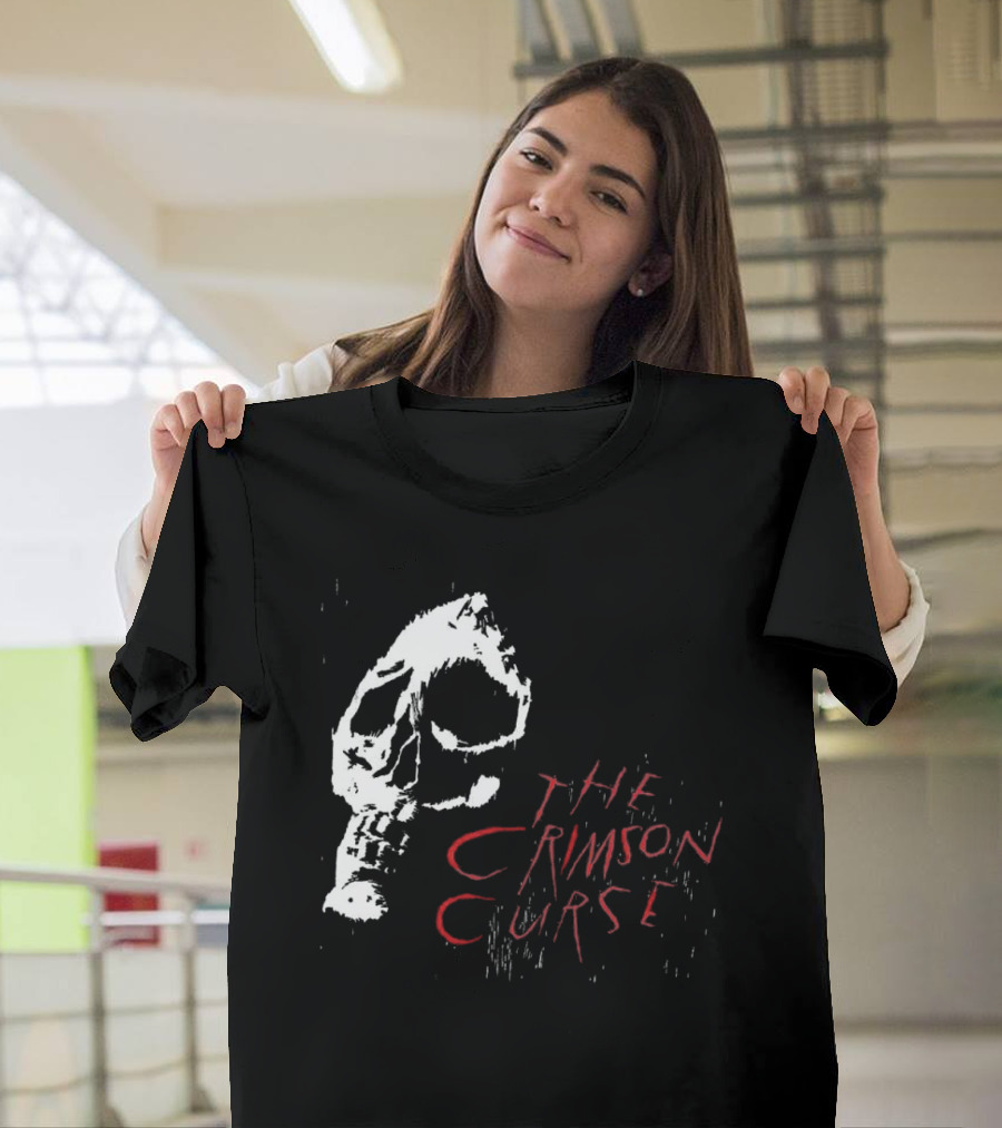 The Crimson Curse Skull White And Red Text With Skull T-Shirt
