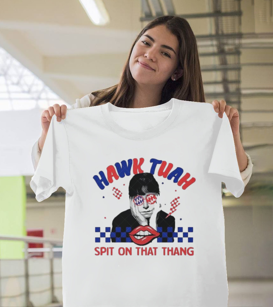 Hawk Tuah Spit On That Thang Lip Checkered Sunglasses T-Shirt