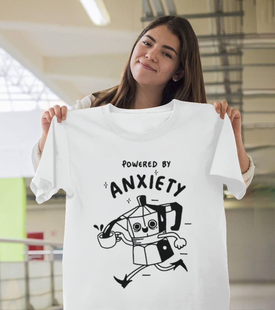 Powered By Anxiety Coffee Pot Running With a Smile and Cup T-Shirt
