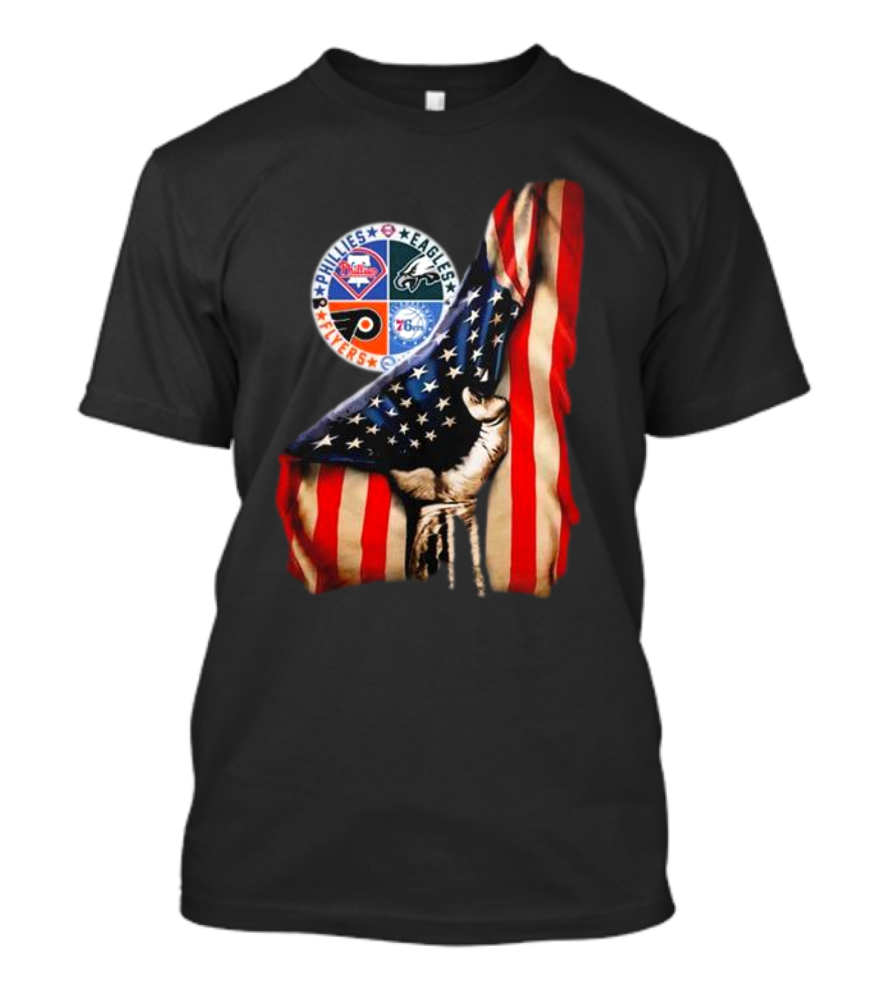 Philadelphia Phillies Eagles Flyers 76ers Hand Pulling American Flag T-Shirt