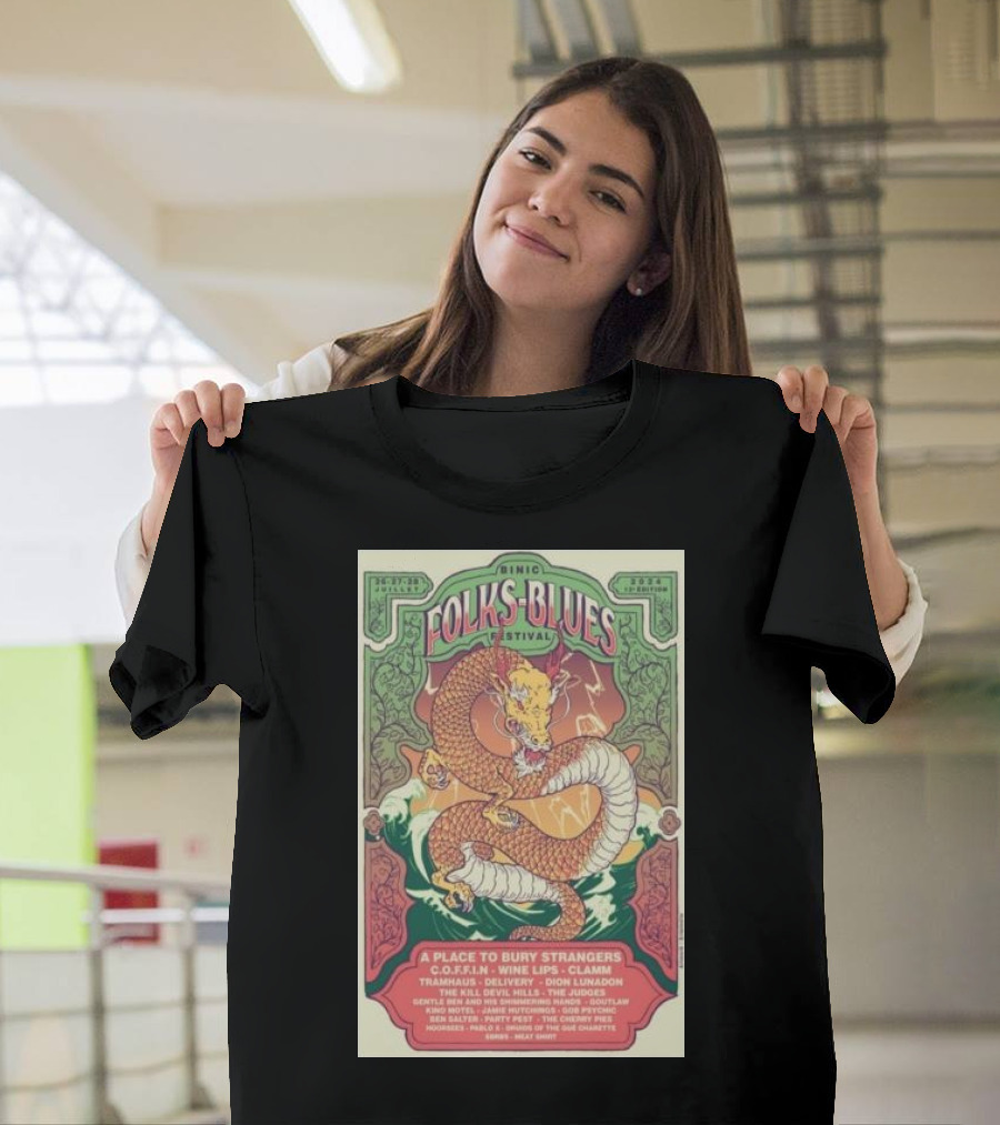 Binic Folks Blues Festival 2024 Dragon Artwork with A Place to Bury Strangers and More July 26-28 T-Shirt