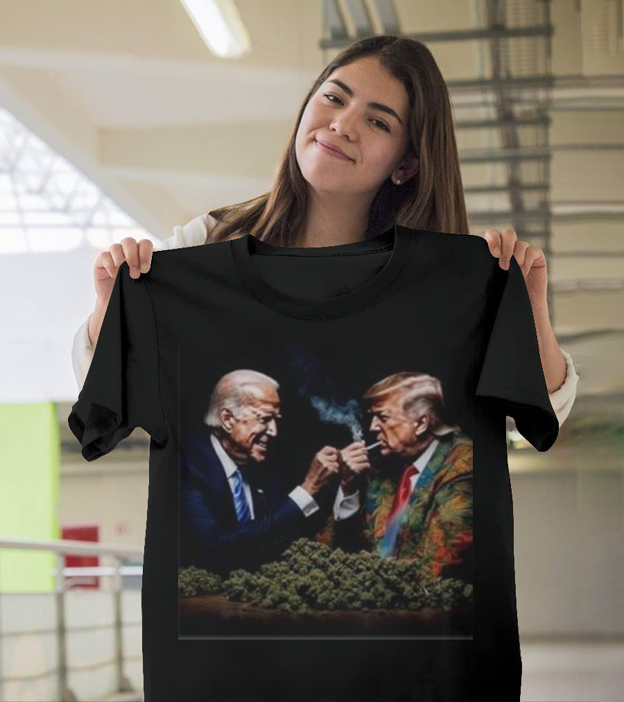 Donald Trump And Joe Biden Smoking Together Surrounded By Cannabis T-Shirt