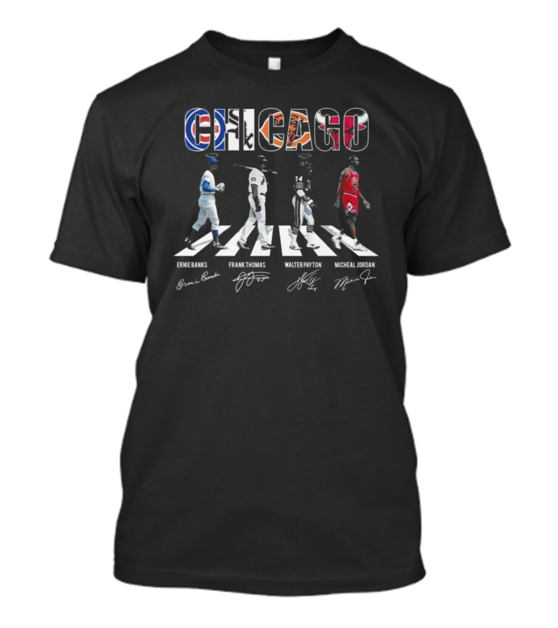 Chicago Sports Team Abbey Road Ernie Banks Frank Thomas Walter Payton Michael Jordan Signatures T-Shirt