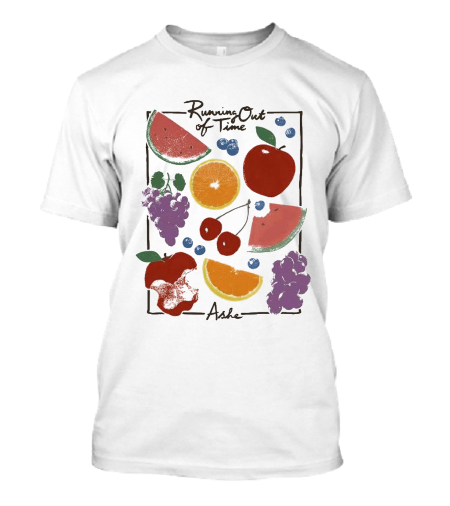 Running Out Of Time Ashe Fruit Collage Watermelon Orange Apple Grapes T-Shirt