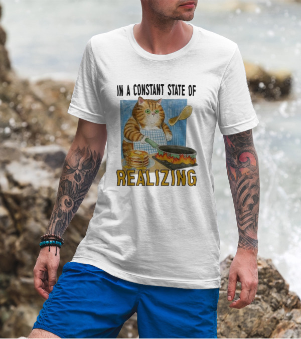 In A Constant State Of Realizing Cat Cooking Pancakes Flame Pan T-Shirt