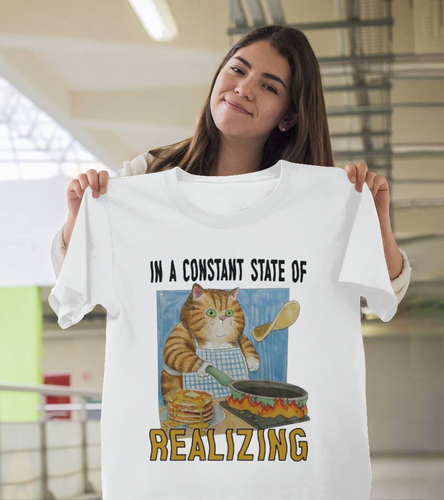 In A Constant State Of Realizing Cat Cooking Pancakes Flame Pan T-Shirt