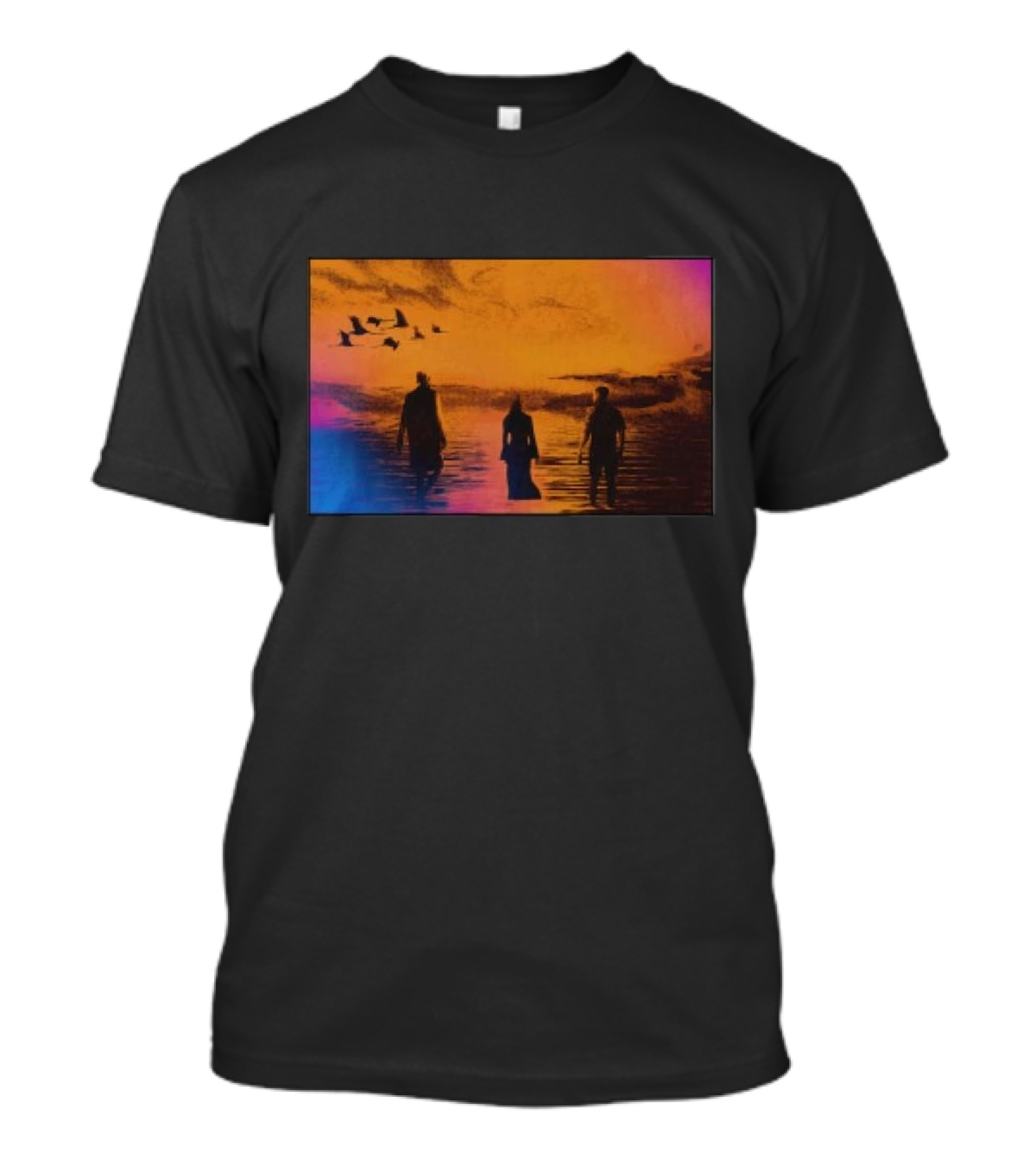 Sun Came Up Sofi Tukker Silhouettes Walking At Sunrise With Birds On Colorful Horizon T-Shirt