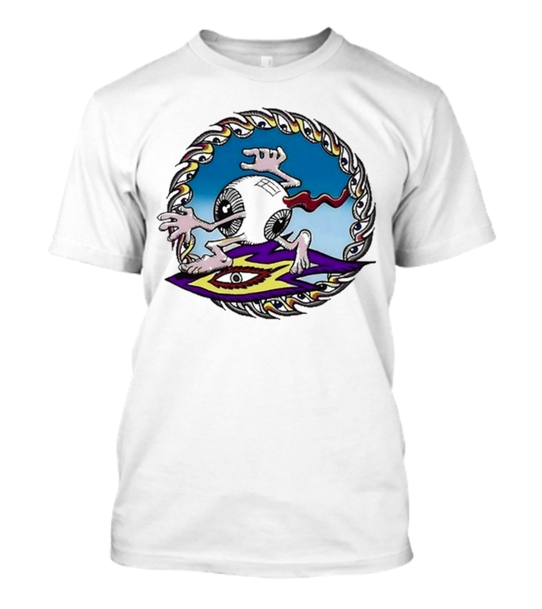 Spiral Eye Surfing Disc With Hands And Vibrant T-Shirt