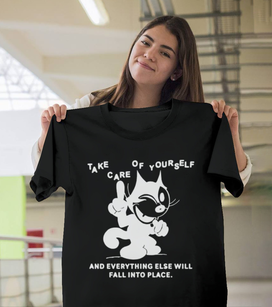Take Care Of Yourself And Everything Else Will Fall Into Place Happy Winking Cartoon Cat T-Shirt