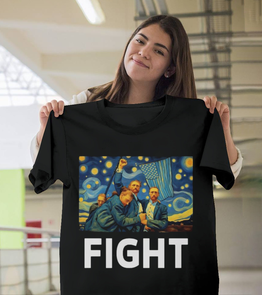 Fight Van Gogh Starry Night American Flag Fist Raised T-Shirt