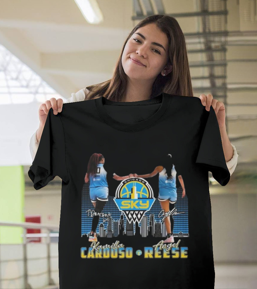 Chicago Sky WNBA Kamilla Cardoso Angel Reese Skyline Signatures T-Shirt