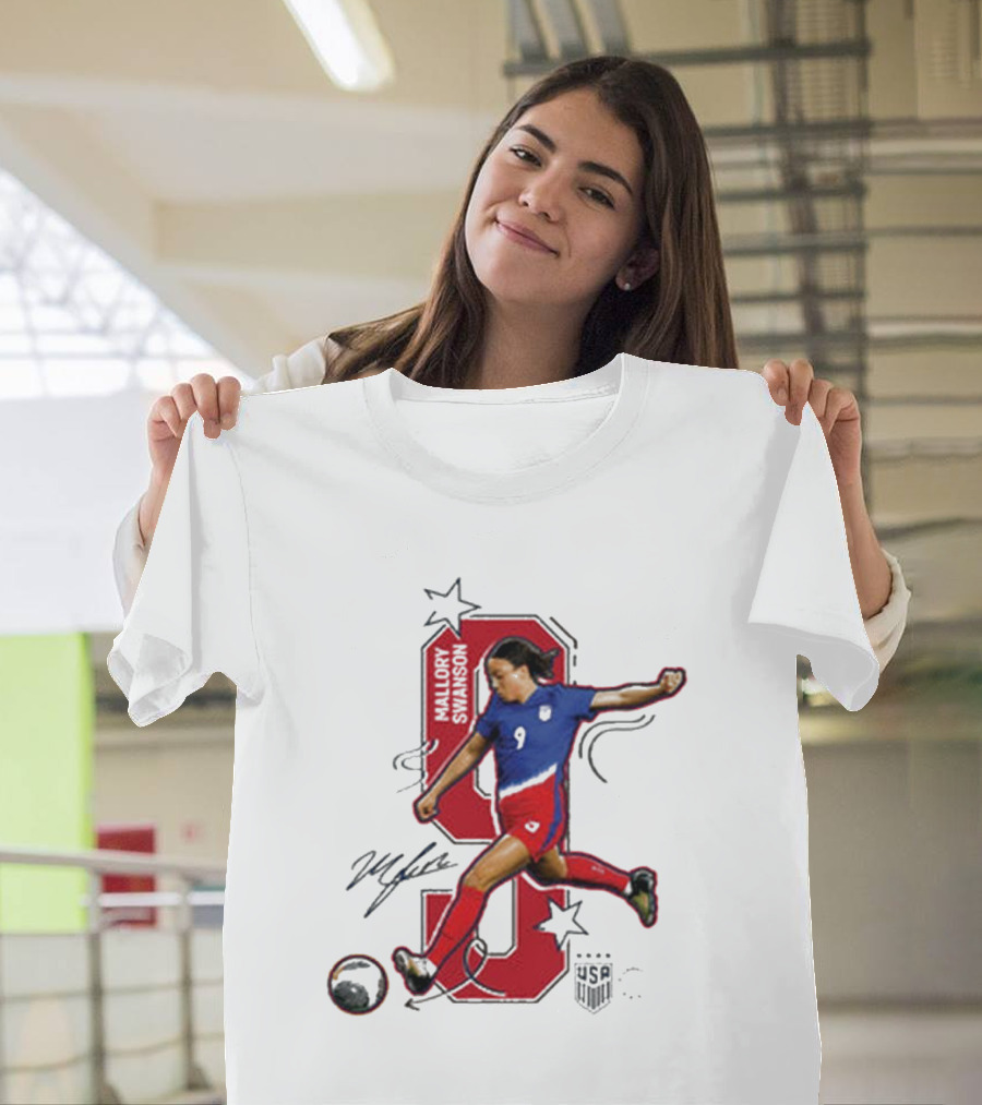 Mallory Swanson Number 9 USWNT Signature Red And Blue Player Action T-Shirt