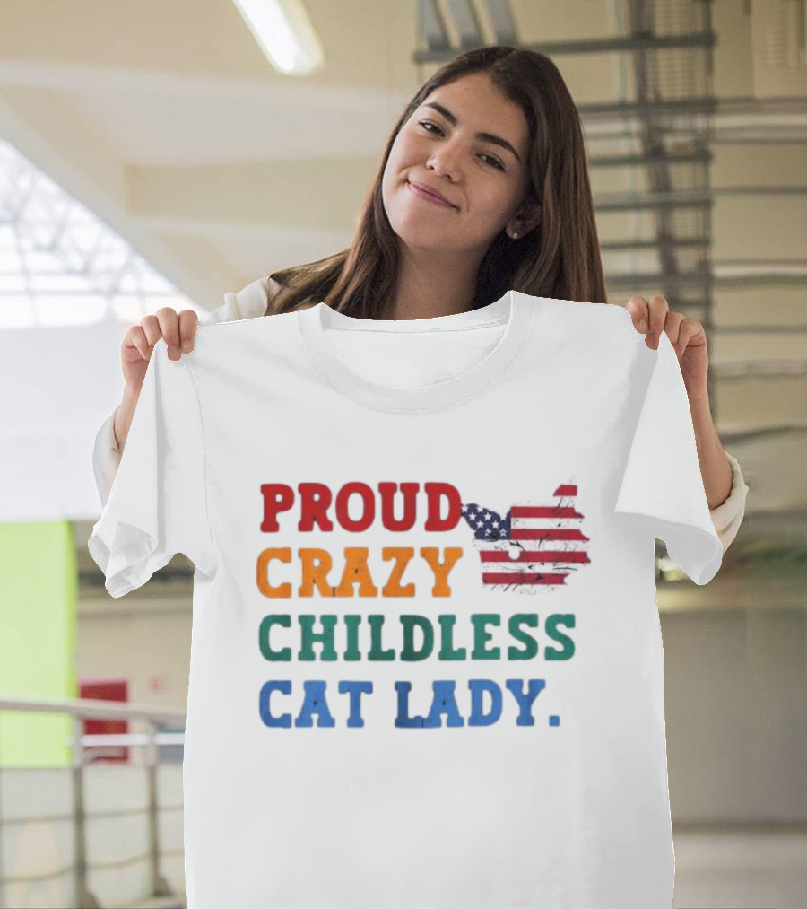 Proud Crazy Childless Cat Lady American Flag Cat T-Shirt