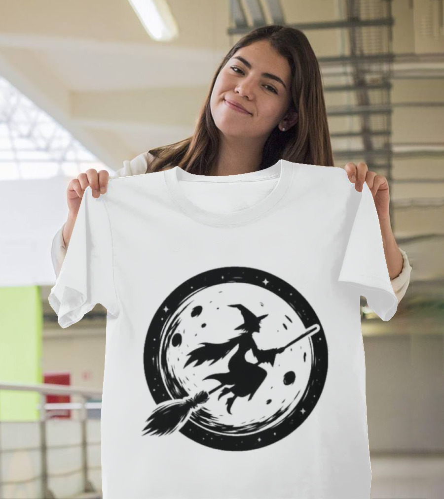 Spooky Halloween Witch Flying Across Full Moon Night T-Shirt