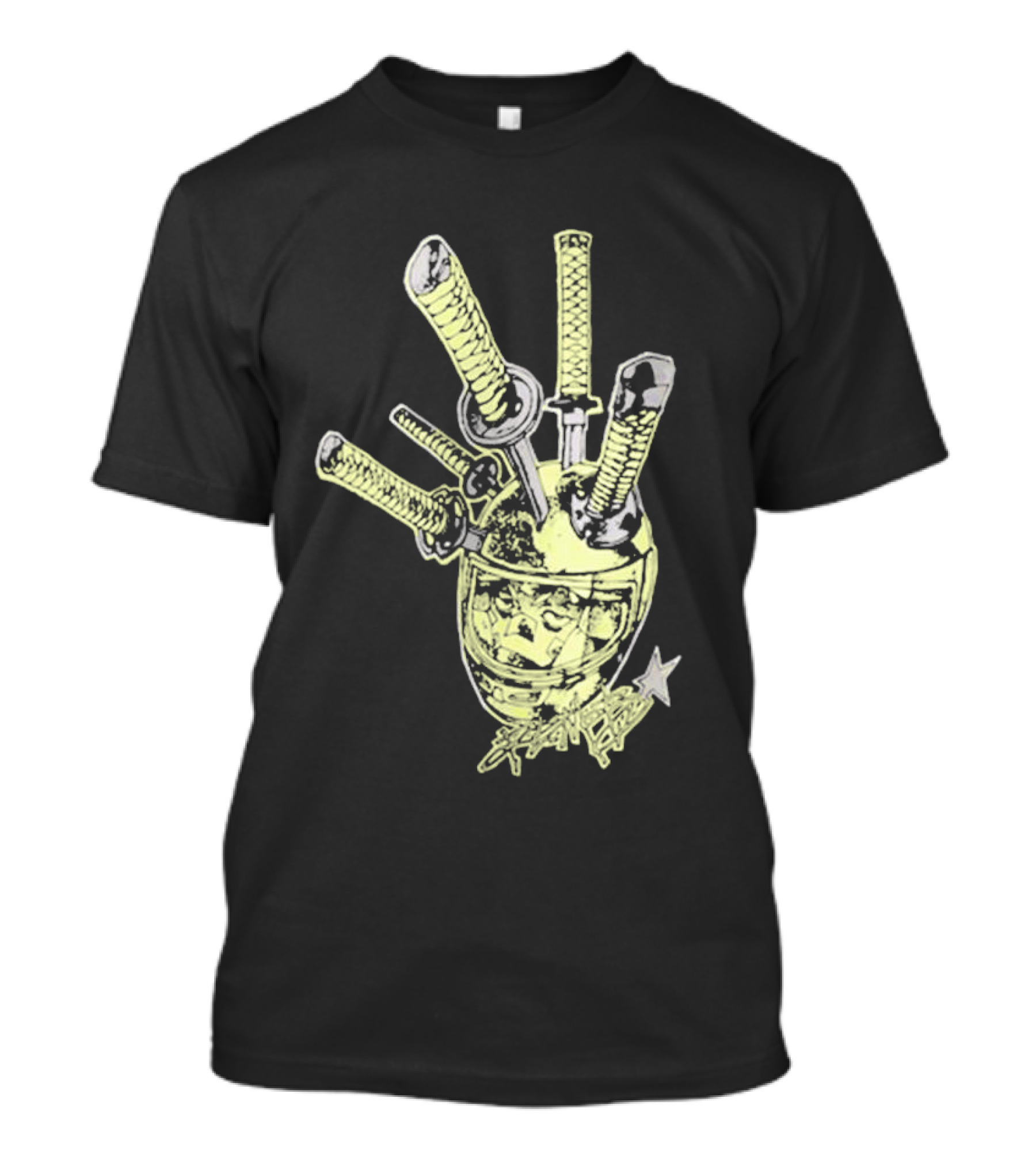 Oremob Katana Helmet Graphic With Star And Japanese Characters T-Shirt