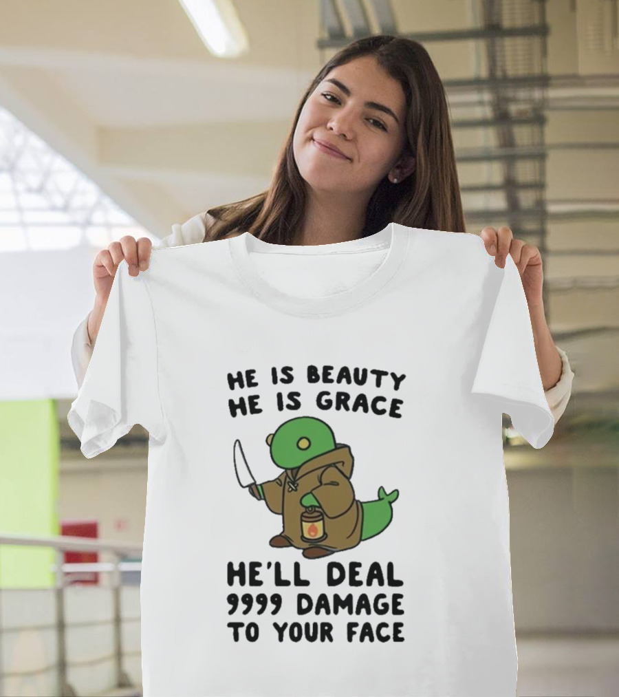 He Is Beauty He Is Grace He’ll Deal 9999 Damage To Your Face Lantern-Wielding Creature in Brown Robe with Knife T-Shirt