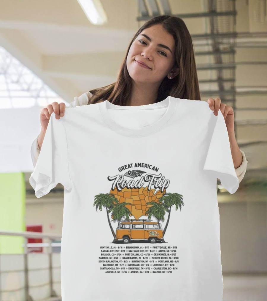 The 502s Across America 2024 Summer Tour Palm Trees and Bus Journey T-Shirt