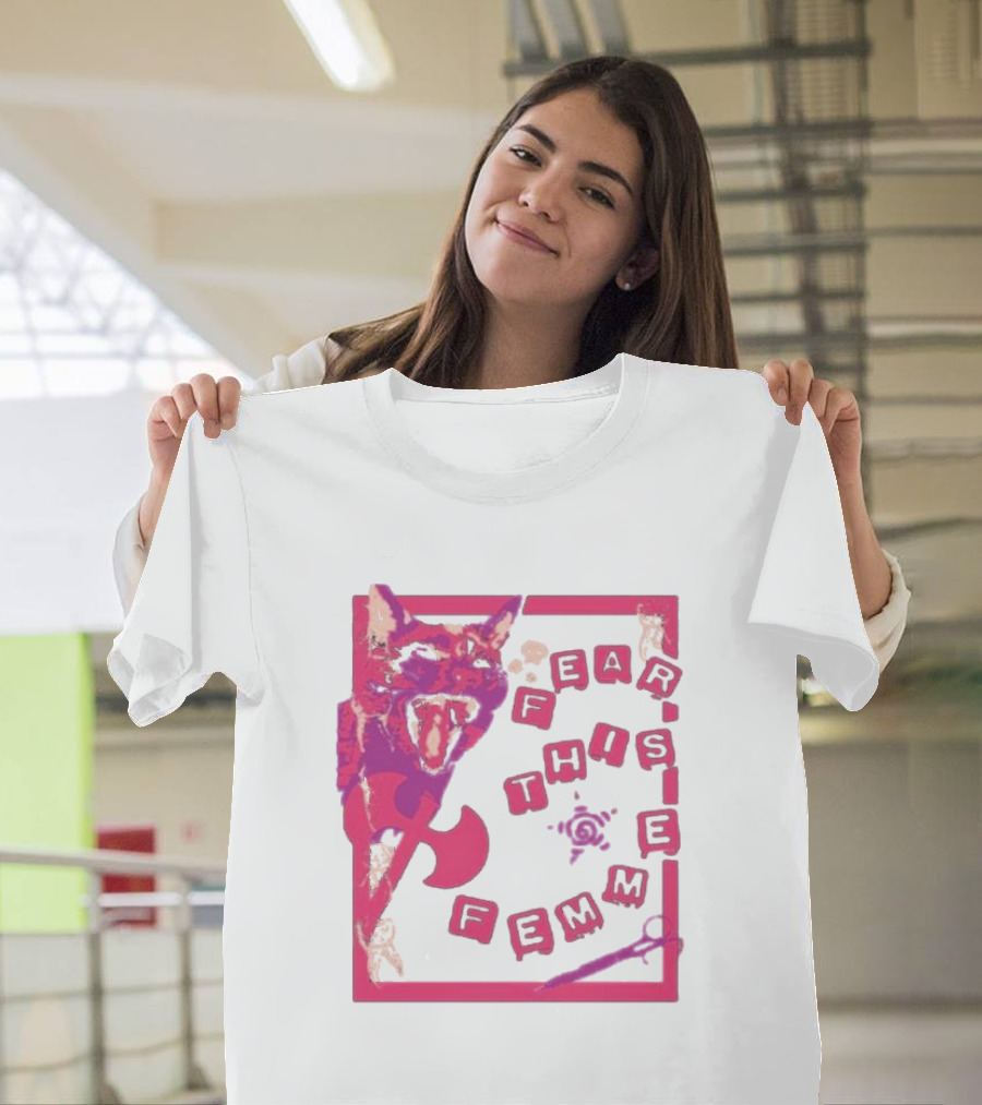 Fear This Femme Cat and Axe Retro Typography Pink Acid Wash T-Shirt