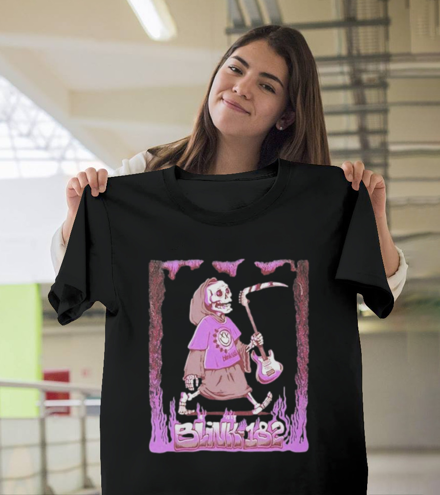 Blink-182 Grim Reaper Skeleton with Guitar Flame Border T-Shirt