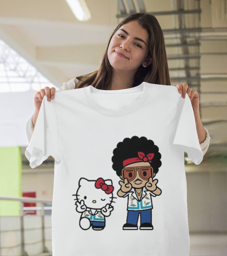 Bruno Mars Hello Kitty Japan Tour 24 Retro Style Duo with Red Bows and Blue Outfits T-Shirt