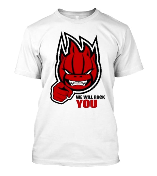 Sir Safety Perugia We Will Rock You Red Flame Character With Pointing Finger T-Shirt