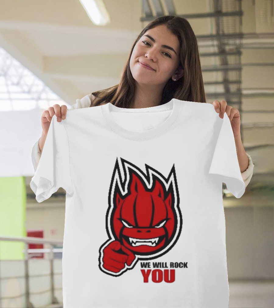Sir Safety Perugia We Will Rock You Red Flame Character With Pointing Finger T-Shirt
