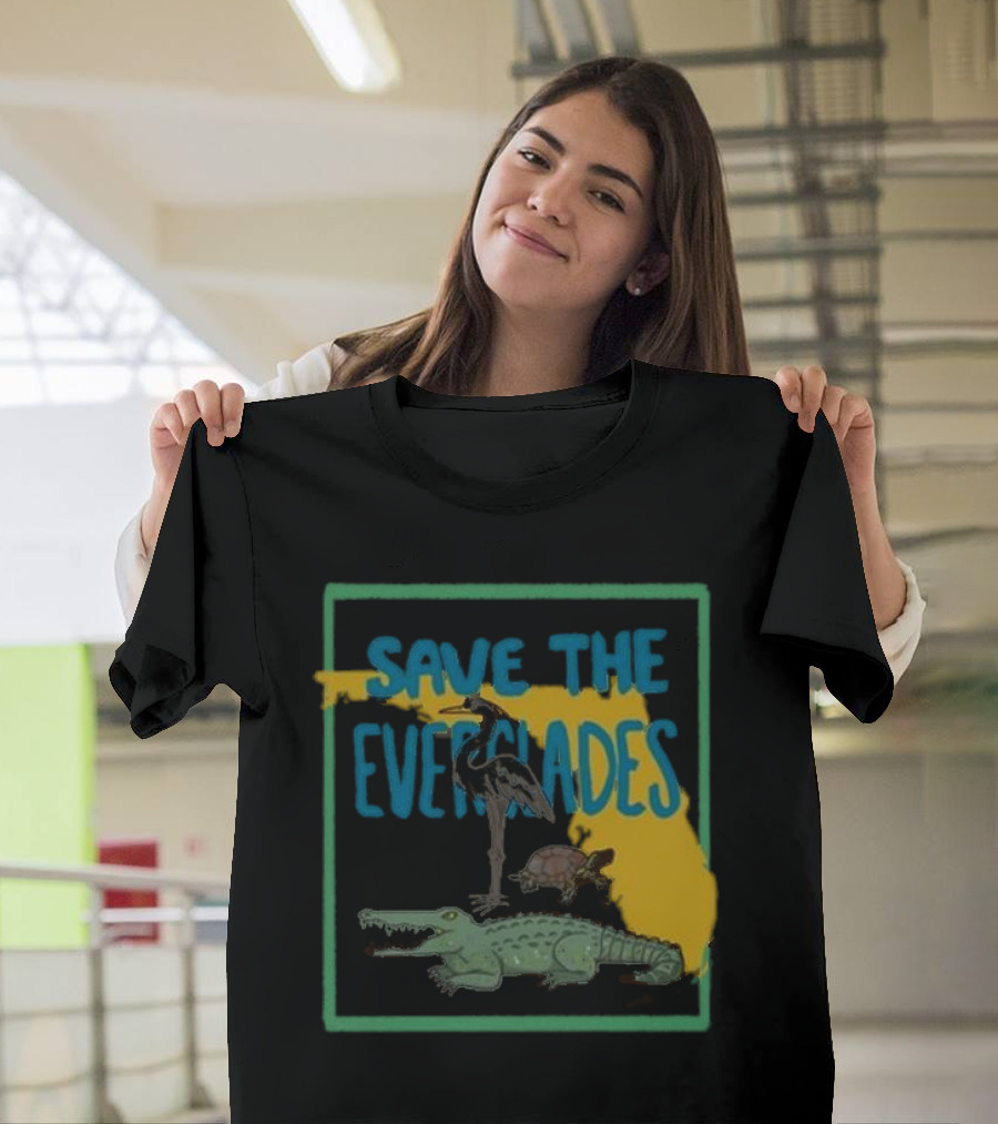 Gators Daily Save The Everglades Florida Map with Alligator, Heron, and Turtle T-Shirt