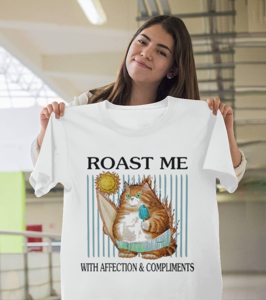 Roast Me Cat with Affection and Compliments Surfing Ice Cream Sun T-Shirt
