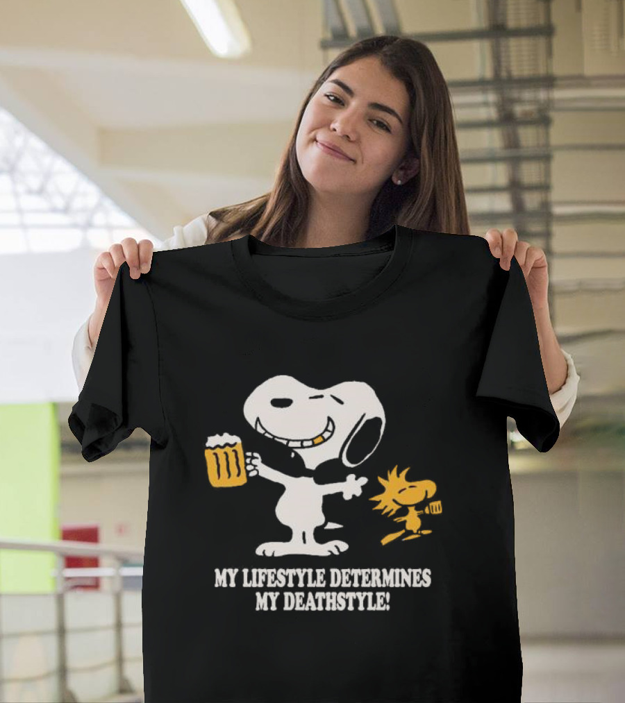 My Lifestyle Determines My Deathstyle Snoopy Woodstock Retro Comic Beer Mug T-Shirt