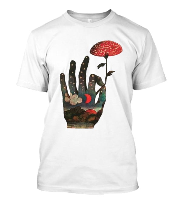 Fly Agaric Psychedelic Hand With Night Sky And Moon T-Shirt