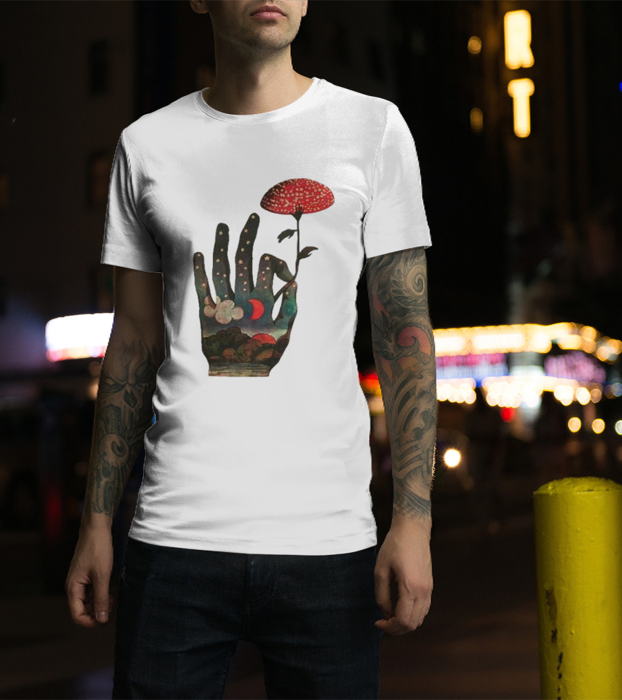 Fly Agaric Psychedelic Hand With Night Sky And Moon T-Shirt