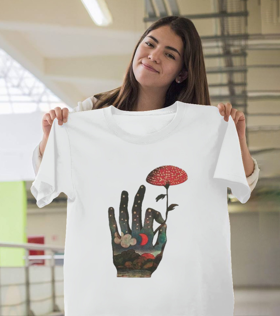 Fly Agaric Psychedelic Hand With Night Sky And Moon T-Shirt