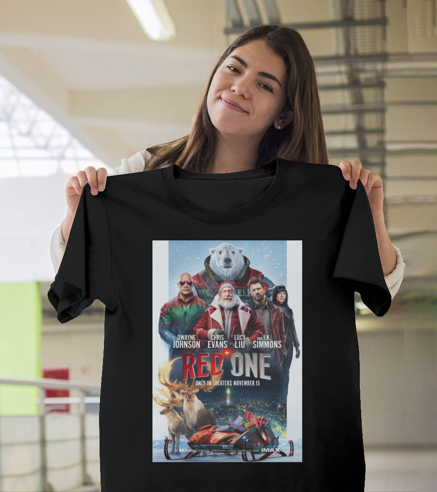 Red One Movie Poster Featuring Dwayne Johnson Chris Evans Lucy Liu J K Simmons Reindeer Polar Bear Sleigh November 15 Release T-Shirt