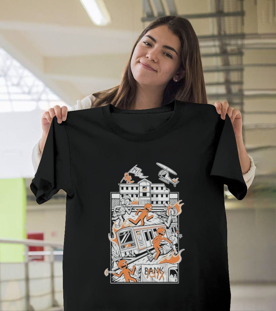 Dani Gambino Stick Figures Chaos Fire Helicopter Bank T-Shirt