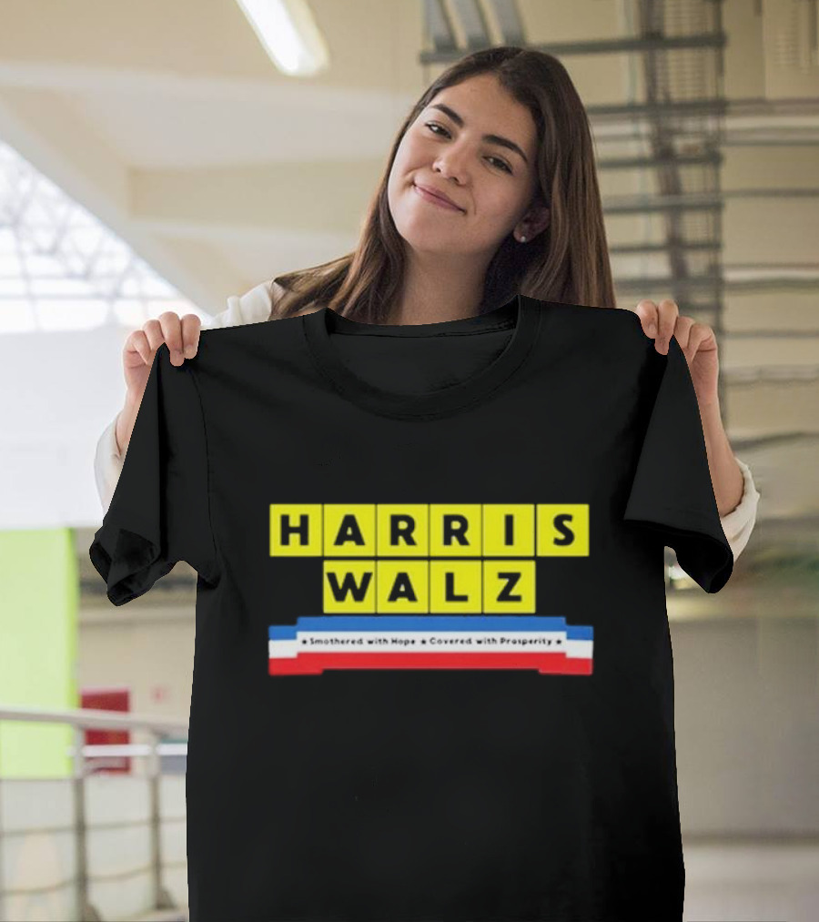 Harris Walz Smothered With Hope Covered With Prosperity Scrabble-Inspired Bold Yellow Block Letters T-Shirt