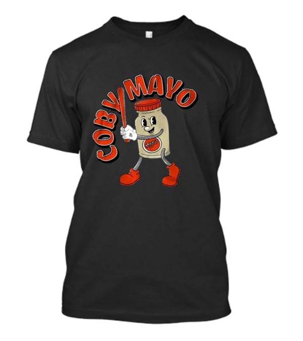 Coby Mayo Cartoon Baseball Jar With Red Letters And Bat T-Shirt