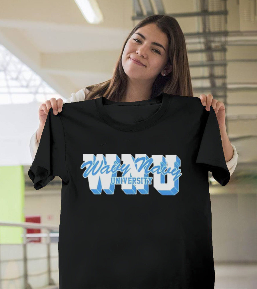 Wavy Navy University WNU Bold 3D Bold Blue Text T-Shirt
