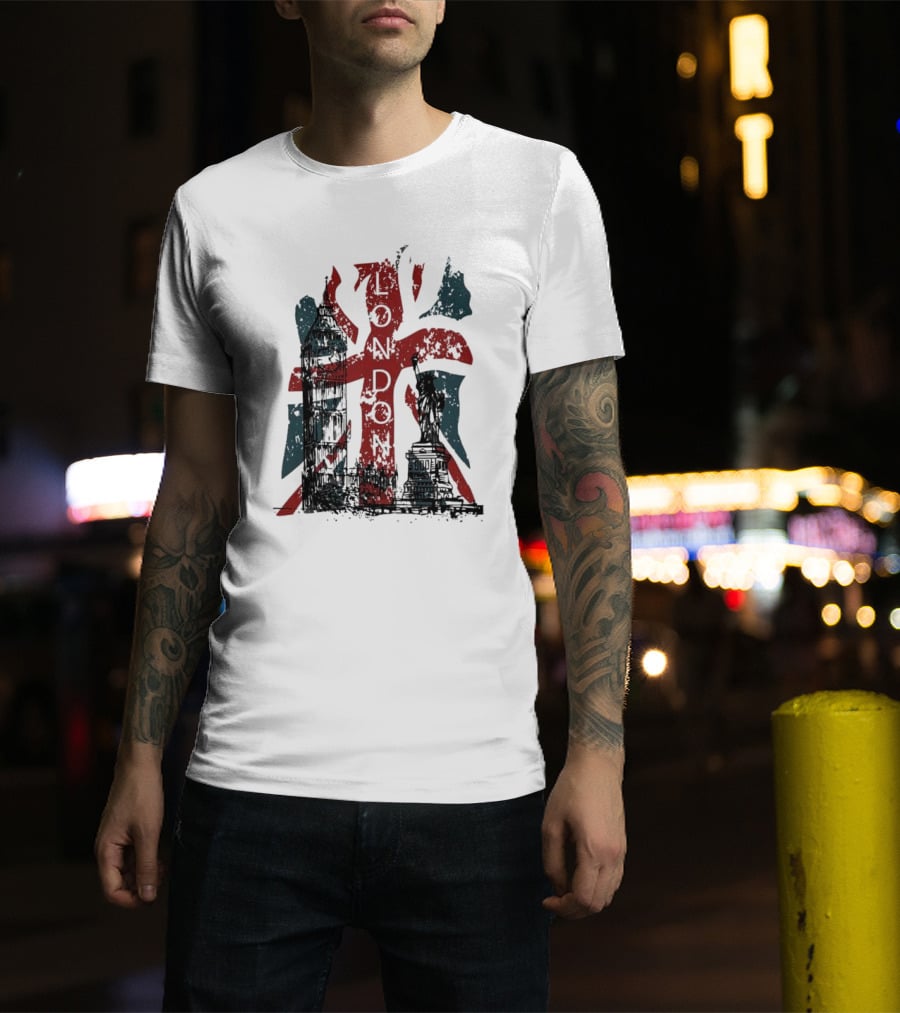 Retro London England Flag Big Ben Statue Liberty T-Shirt