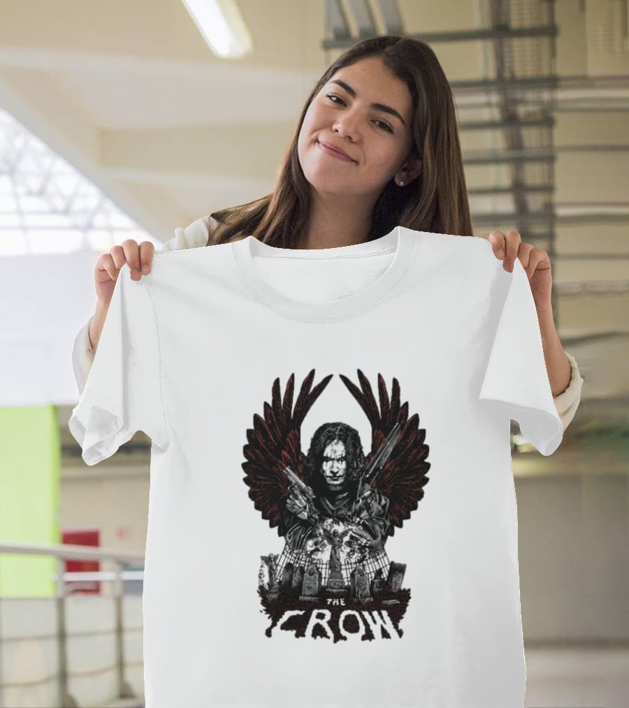 The Crow Winged Figure With Cemetery Background And Gothic Text The Crow T-Shirt