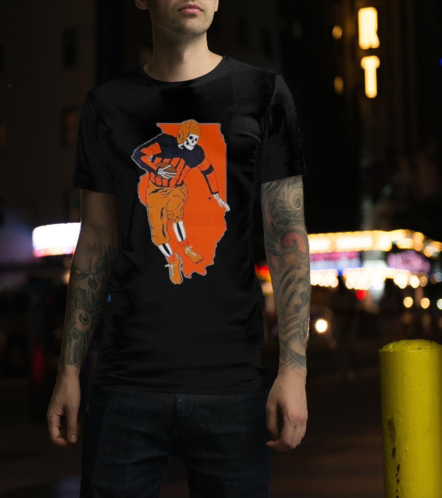 Il Football Pocket Skeleton Player Over Illinois Map T-Shirt