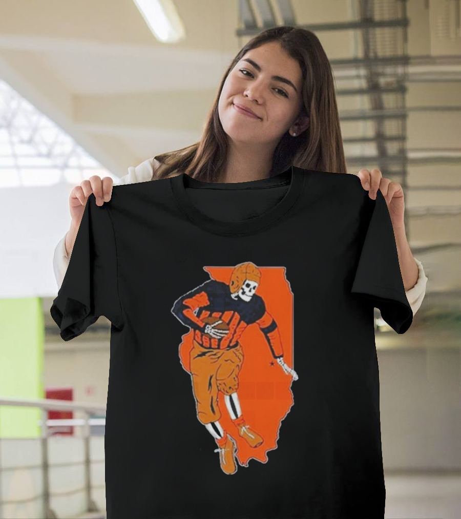 Il Football Pocket Skeleton Player Over Illinois Map T-Shirt