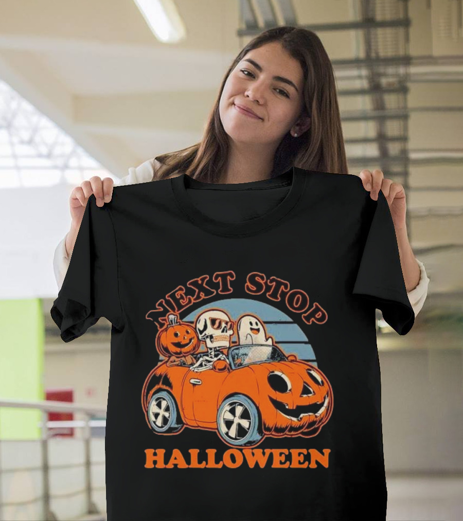 Next Stop Halloween Ghost Skeleton Pumpkin Car T-Shirt