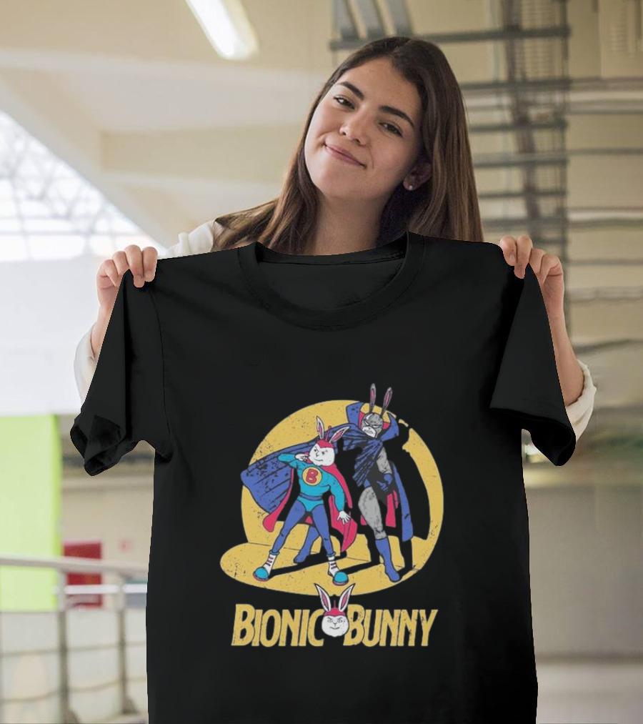 Bionic Bunny Superhero Duo with Colorful Cape and Moon Background T-Shirt