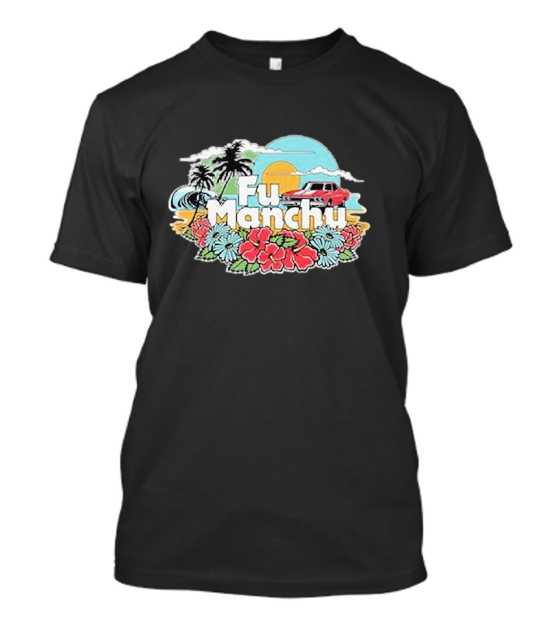 Fu Manchu Surf Beach 2024 Vintage Car Tropical Flowers Sun Waves T-Shirt